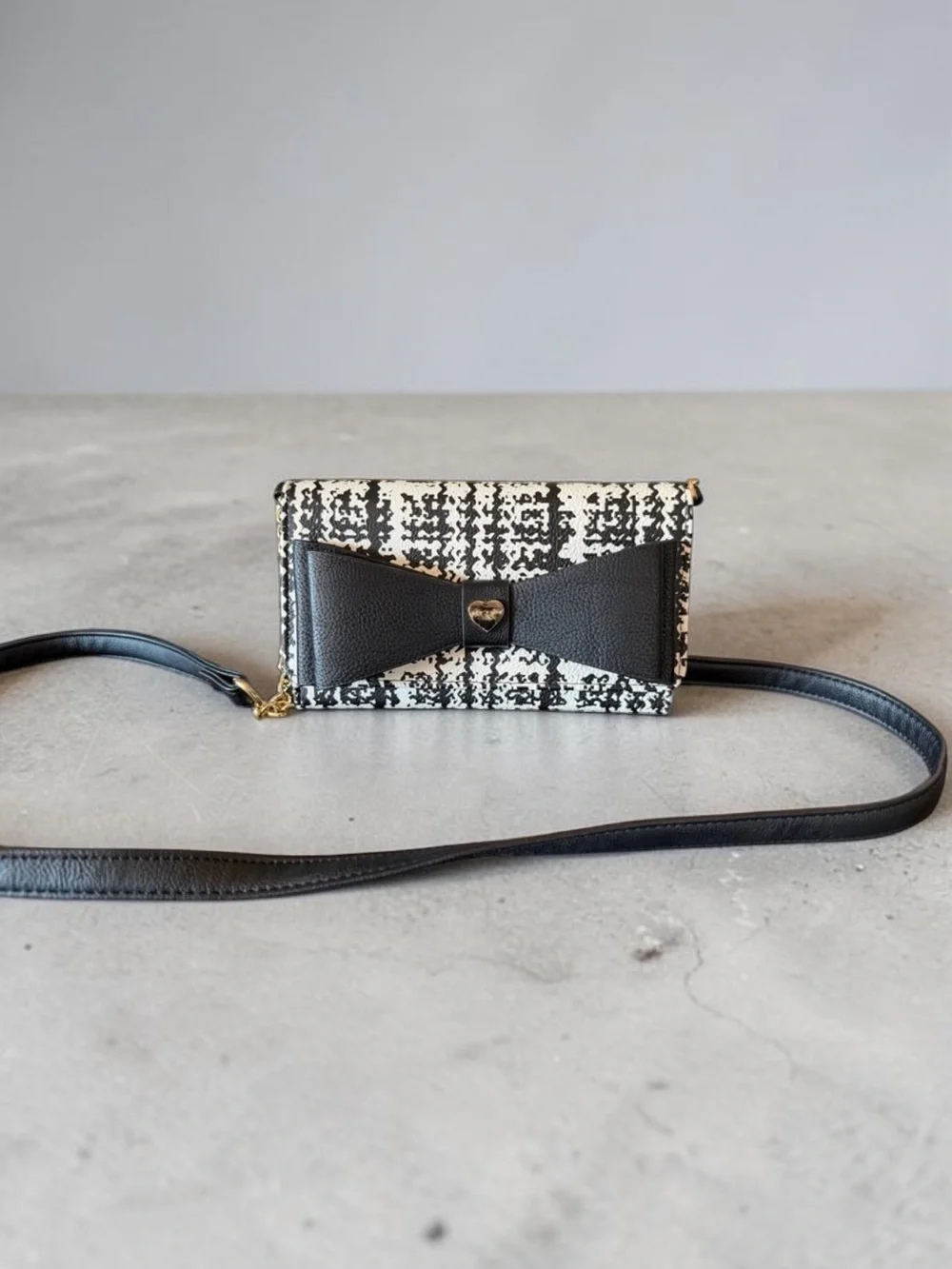 Betsey Johnson Black & White Tweed Crossbody Wallet with Bow Detail